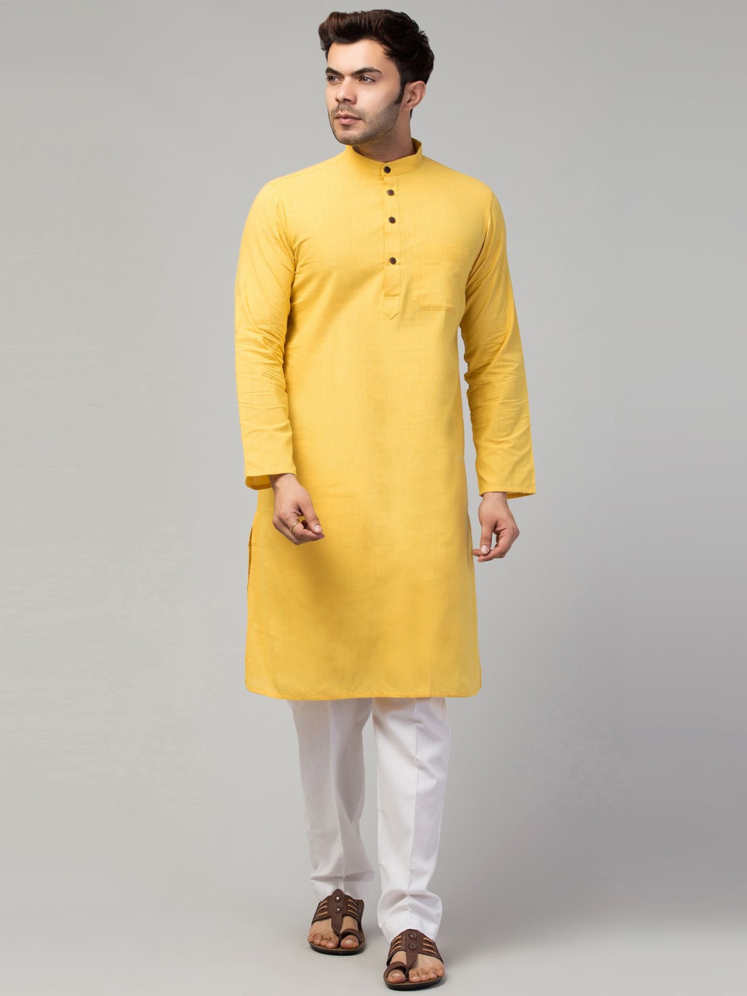 

MUSHKIYA Band Collar Pure Cotton Straight Kurta, Mustard