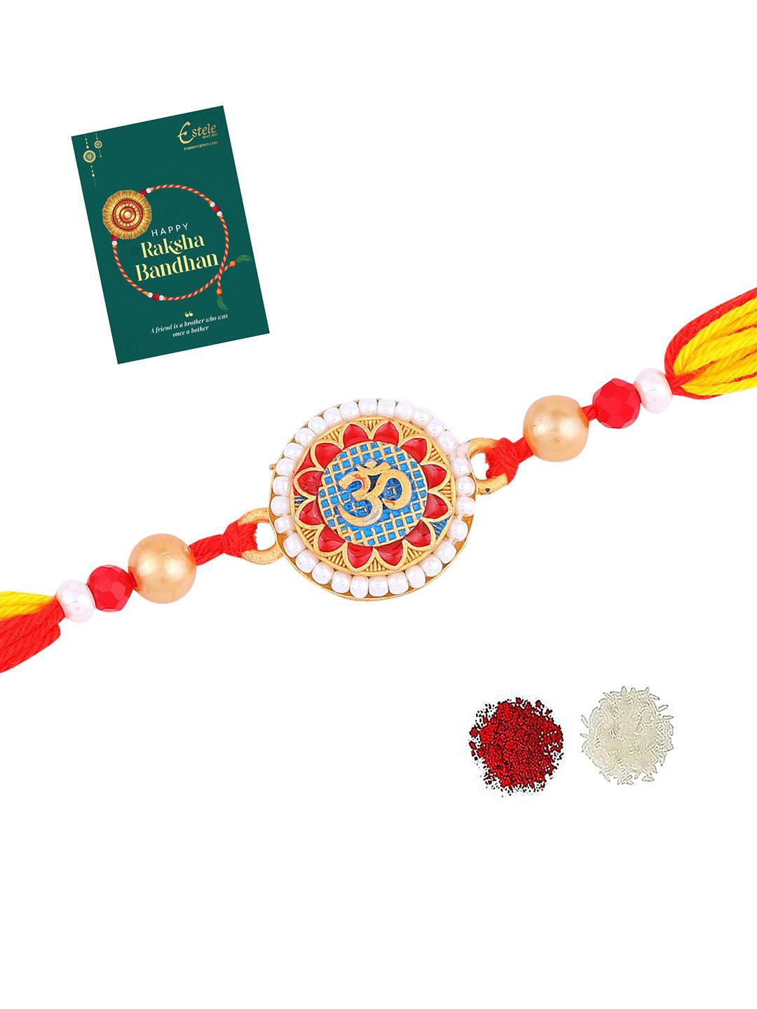 

Estele Divine 'OM' Design Stone Rakhi With Roli Chawal & Greeting Card, Gold