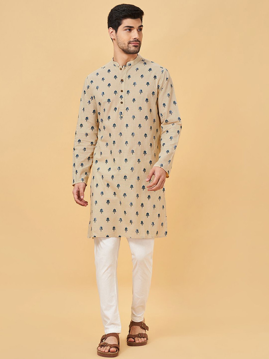 

indus route by Pantaloons Ethnic Motifs Embroidered Thread Work Cotton Straight Kurta, Beige