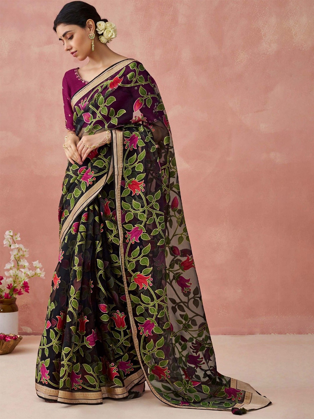 

MySilkLove Floral Brasso Saree, Black