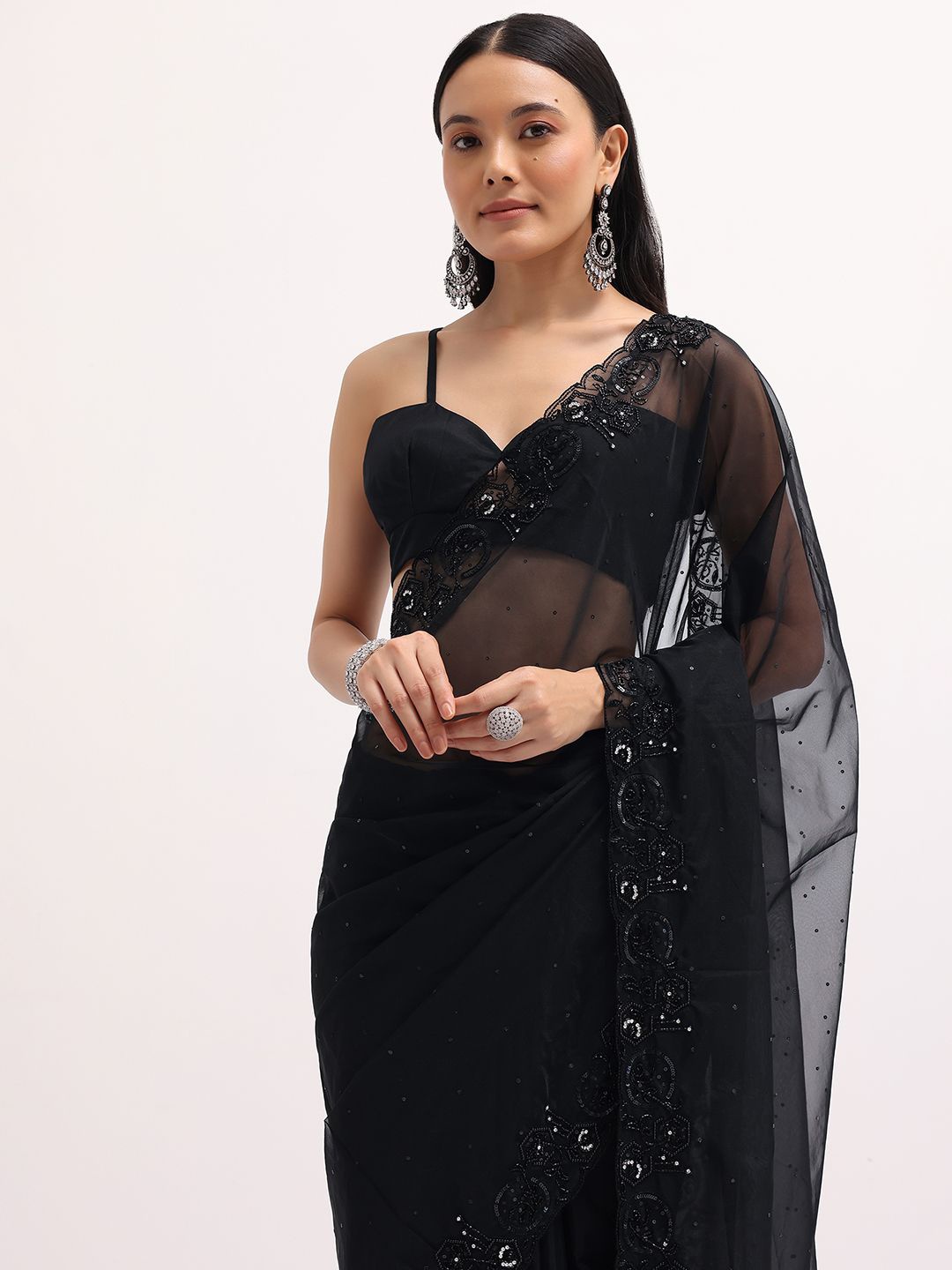 

KALKI Fashion Sequinned Embroidered Organza Saree, Black