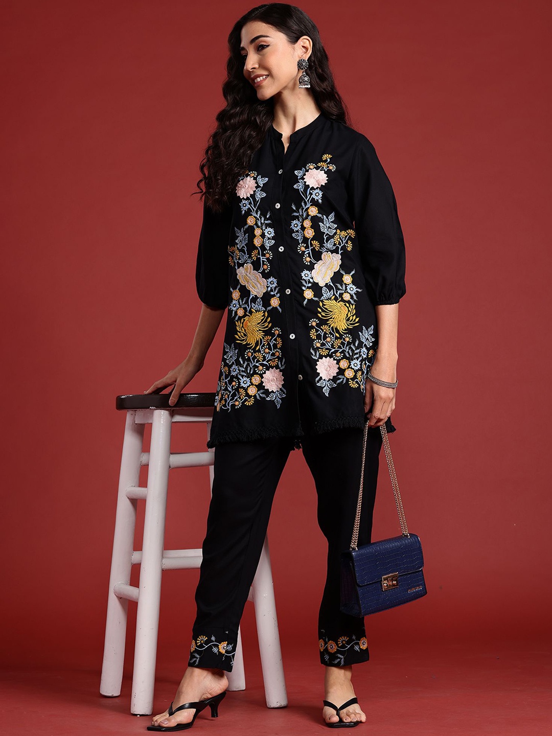 

Anouk Floral Embroidered Tunic With Trouser Co-Ords, Black