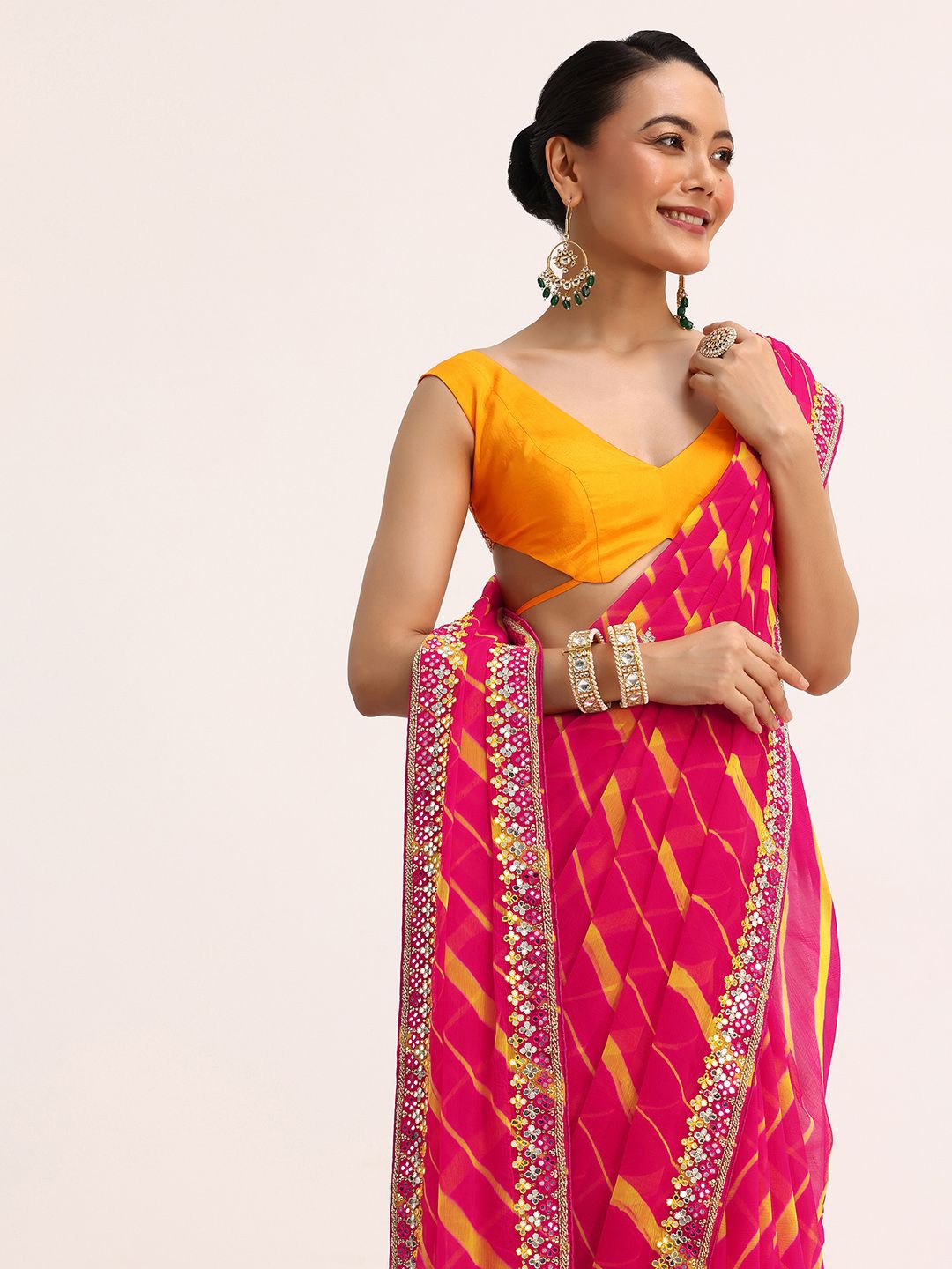 

KALKI Fashion Leheriya Mirror Work Pure Chiffon Leheriya Saree, Pink