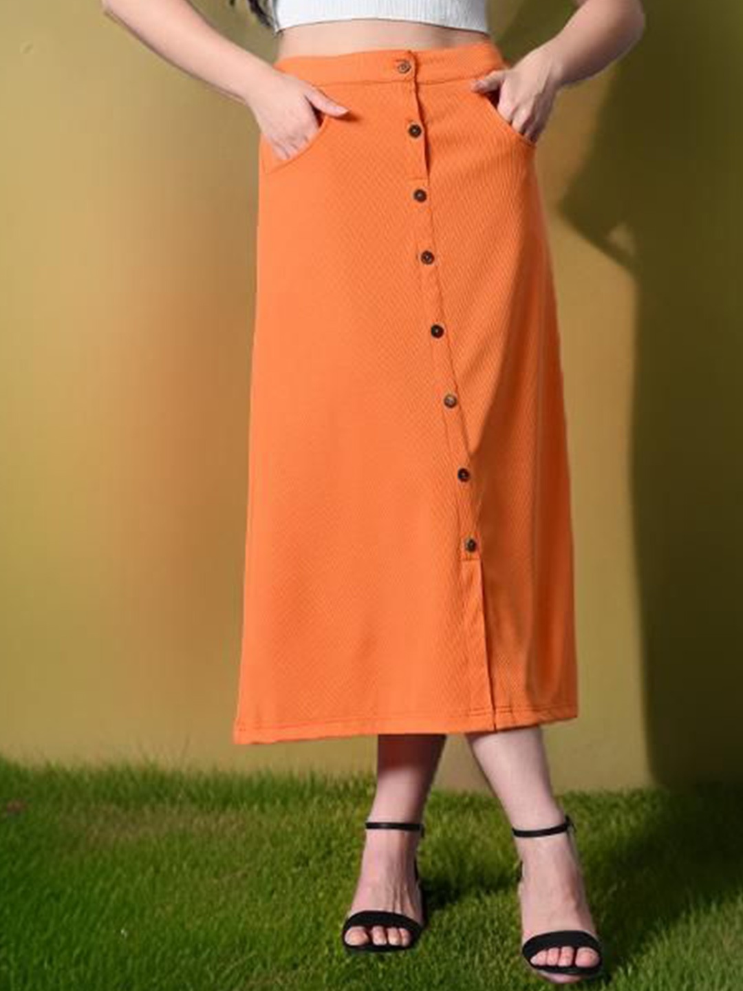 

Myshka Ribbed A-Line Embellished Skirt, Orange