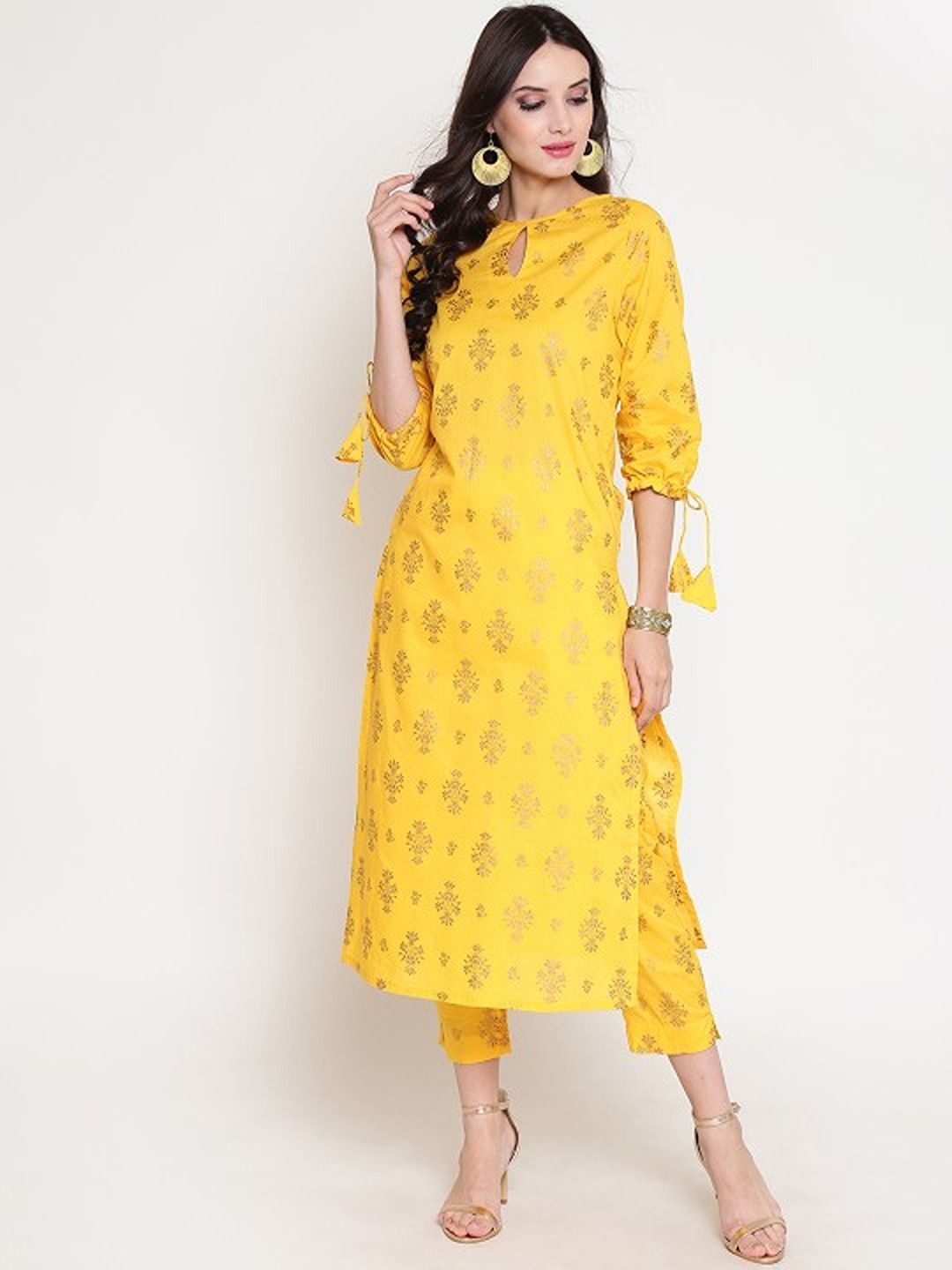 

Sera Ethnic Motifs Foil Printed Keyhole Neck Cotton Straight Kurta, Yellow