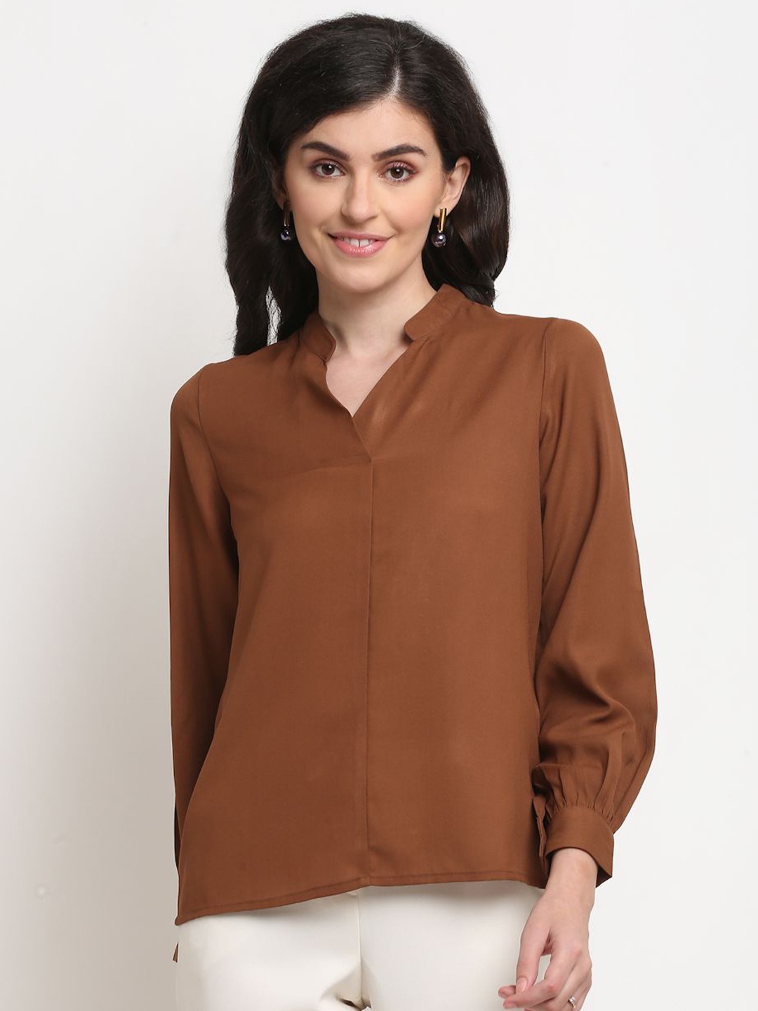 

La Zoire Women Solid Mandarin Collar Top, Charcoal