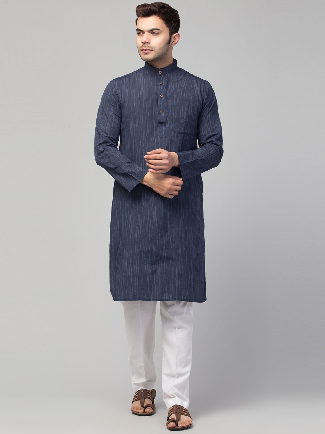 

MUSHKIYA Striped Band Collar Straight Kurta, Blue