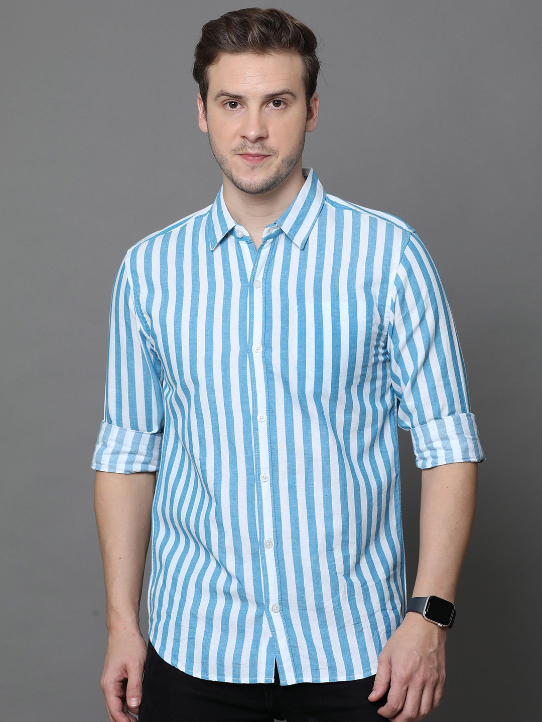 

Rope Men Standard Spread Collar Striped Cotton Slim Fit Casual Shirt, White
