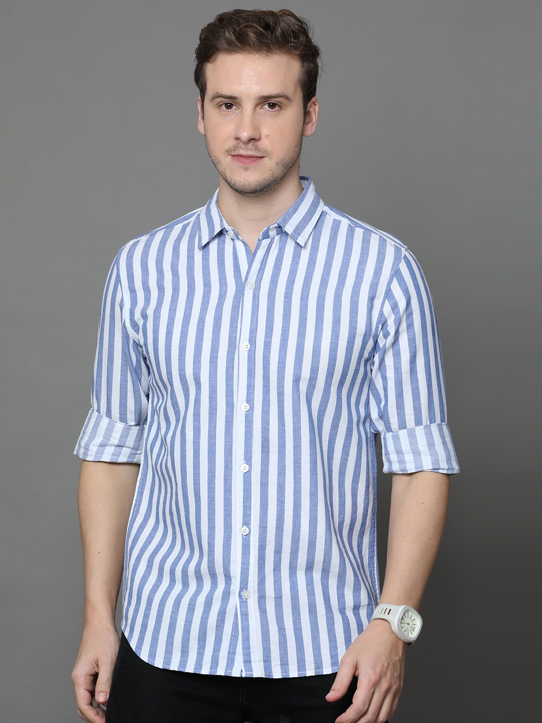 

Rope Men Standard Spread Collar Striped Cotton Slim Fit Casual Shirt, White