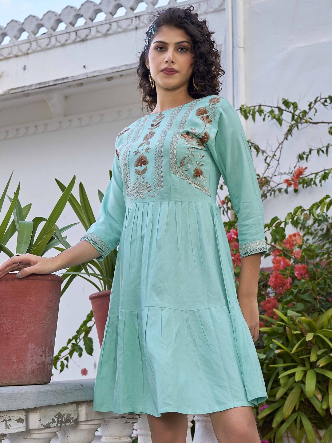 

Puretouch Embroidered Floral Fit & Flare Dress, Sea green