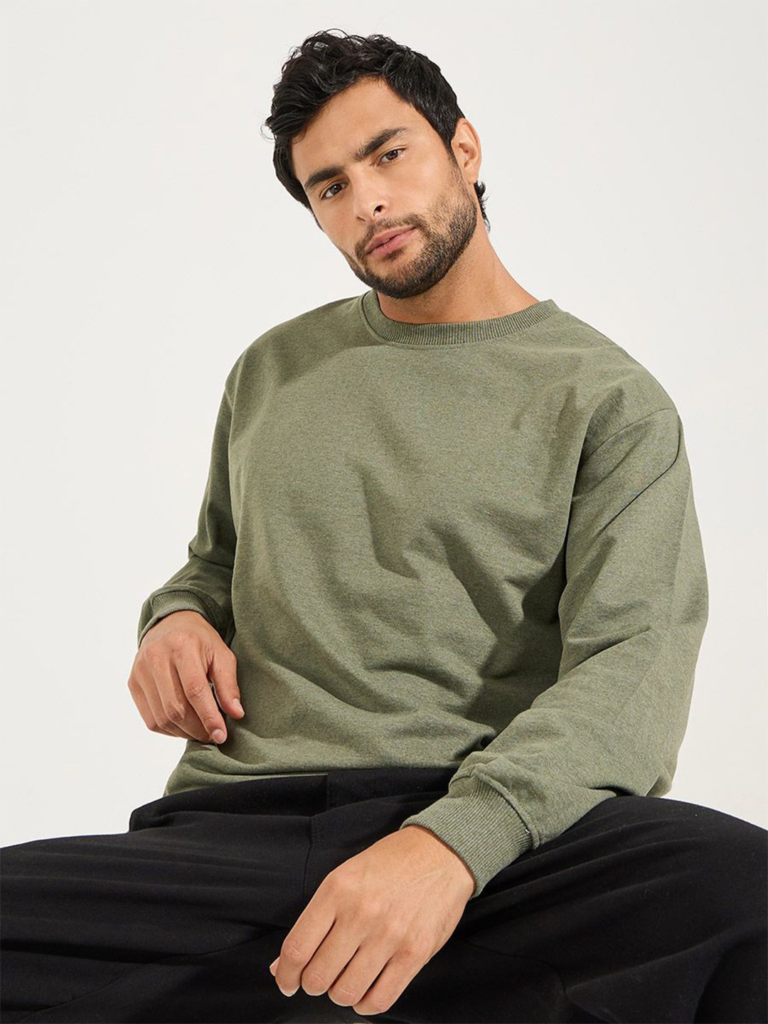 

Styli Men Solid Round Neck Sweatshirt, Olive