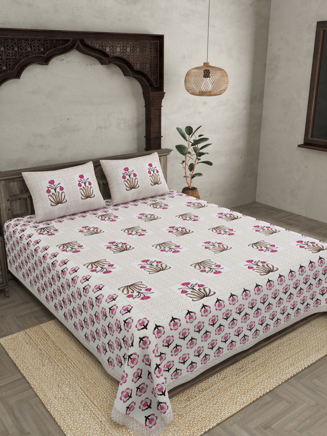 

JAIPUR FABRIC Pink & White Pure Cotton Floral 144 TC King Bedsheet with 2 Pillow Covers