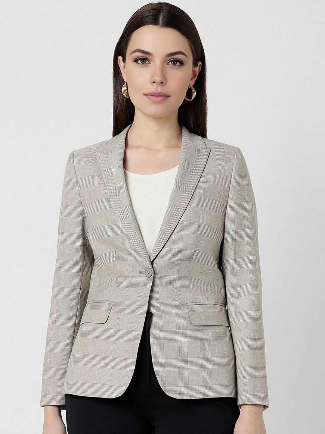 

Van Heusen Woman Checked Notched Lapel Single Breasted Blazers, Grey