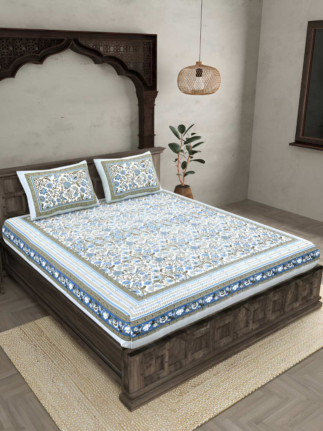 

BED-SHEET.COM Blue & White Pure Cotton Floral 144 TC King Bedsheet with 2 Pillow Covers