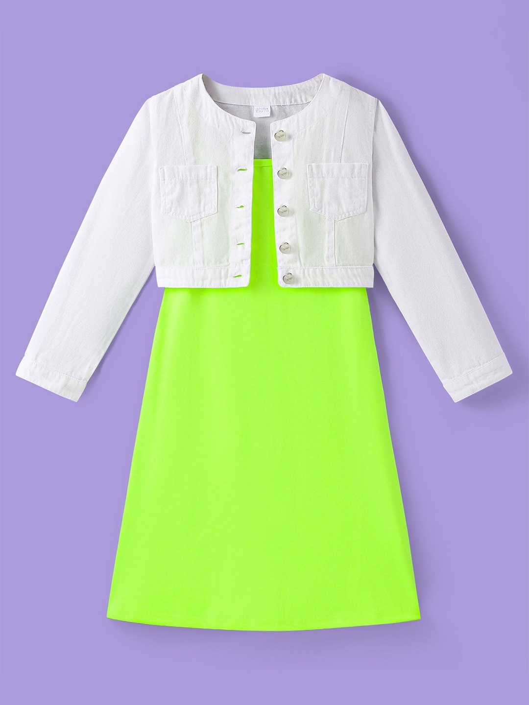 

Hola Bonita Girls A-Line Dress With Denim Jacket, Lime green