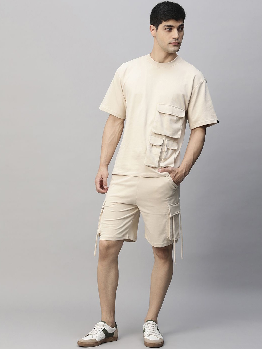 

PRONK Pure Cotton Tshirt With Shorts Co-Ords, Beige