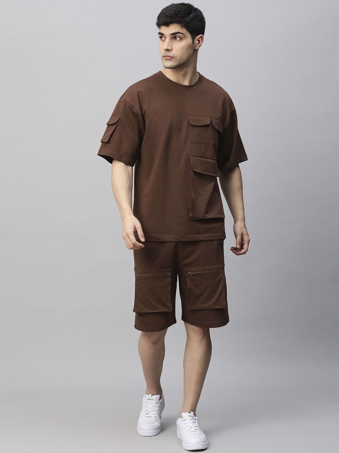 

PRONK Round Neck T-Shirt With Short Co-Ords, Coffee brown