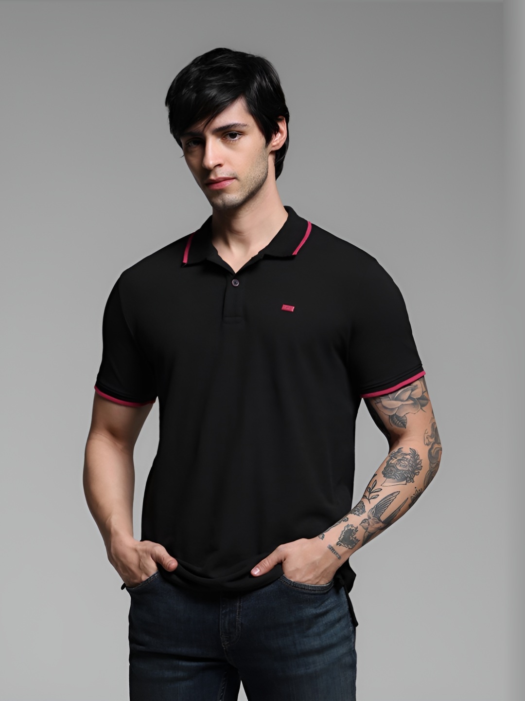 

Jack & Jones Men Solid Polo Collar Cotton T-Shirt, Black