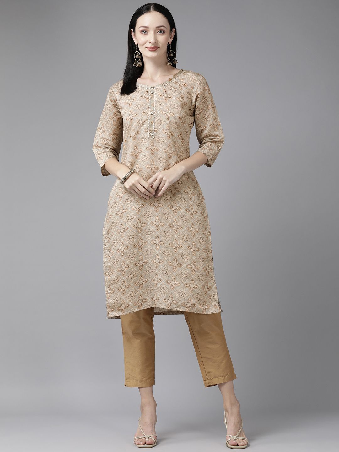

BAESD Floral Printed Beads and Stones Straight Kurta, Beige