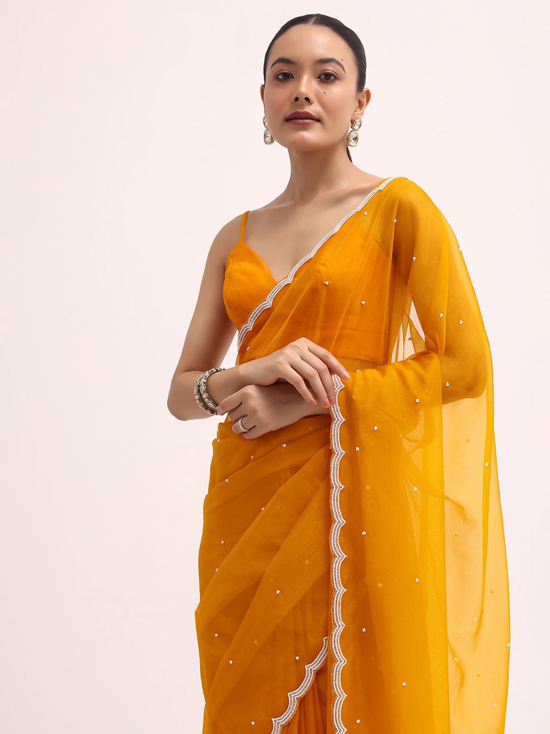 

KALKI Fashion Embellished Beads and Stones Organza Saree, Orange