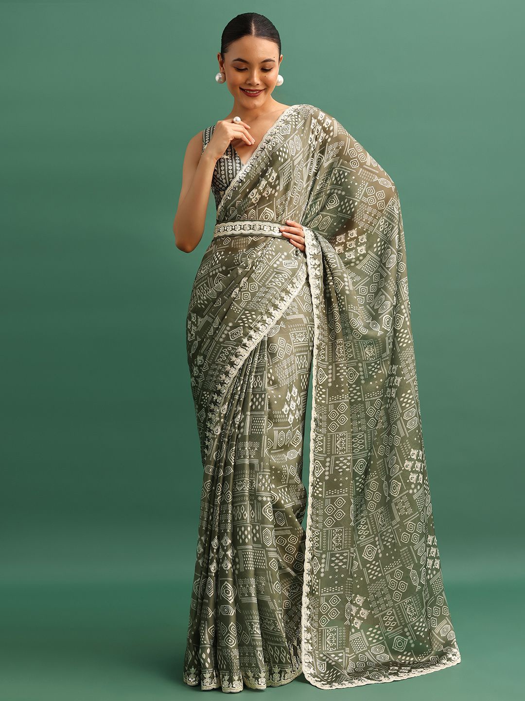 

KALKI Fashion Printed Embroidered Ethnic Motifs Satin Saree, Green