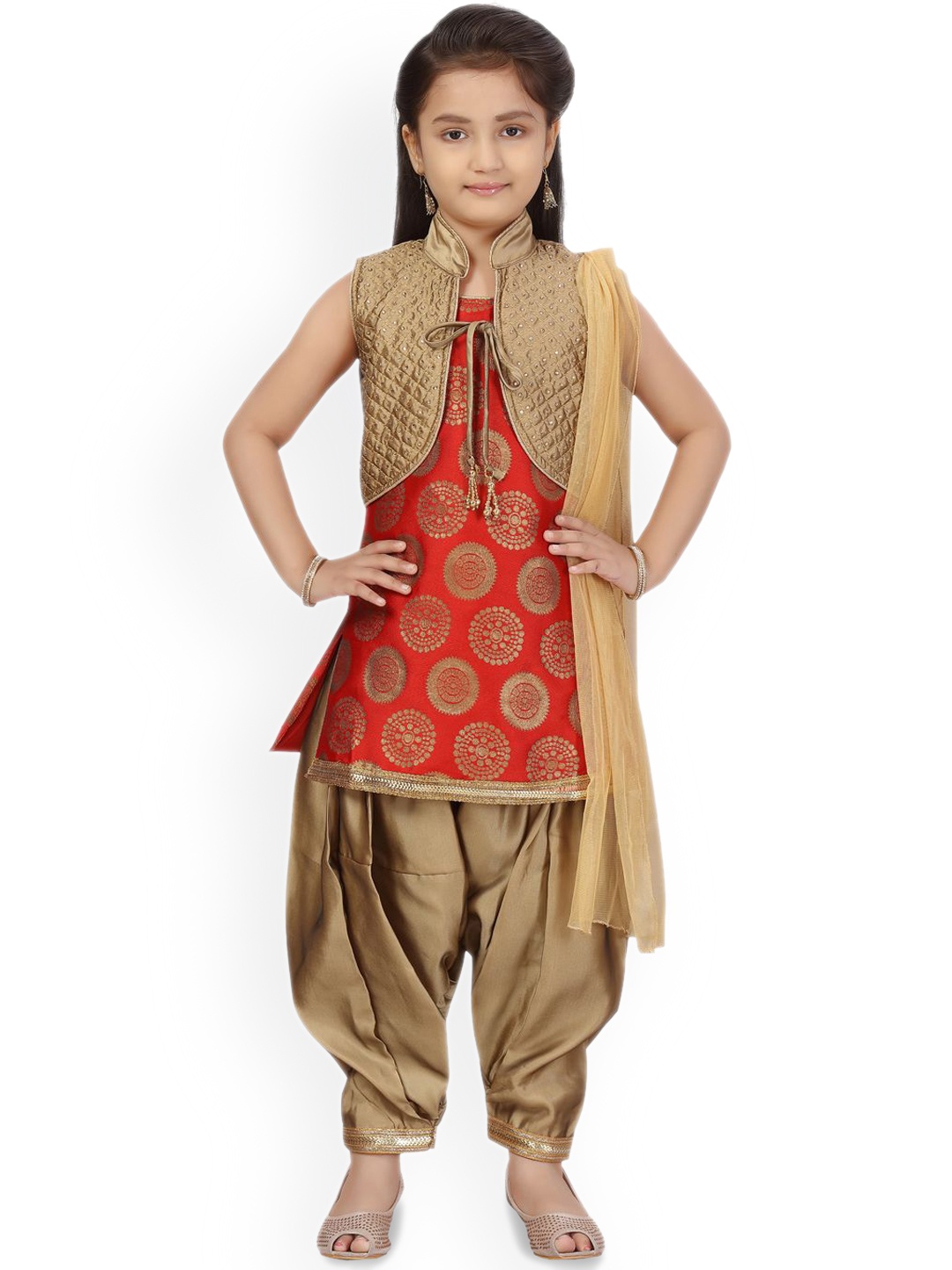 

BAESD Girls Ethnic Motifs Woven Design Zari Pure Silk Straight Kurti & Patiala & Dupatta, Red