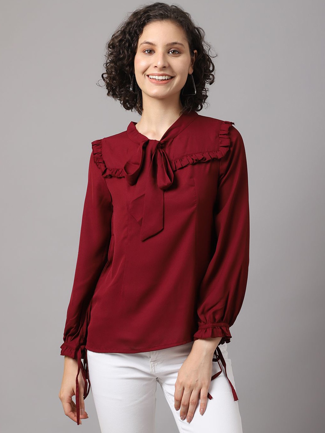 

La Zoire Women Solid Tie-Up Neck Top, Maroon