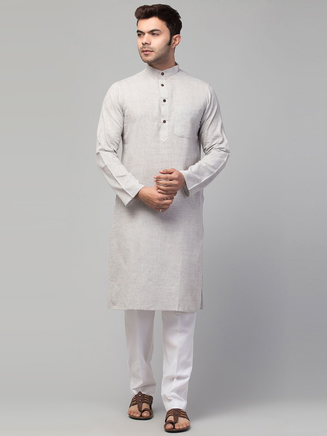 

MUSHKIYA Band Collar Long Sleeves Straight Kurta, Grey