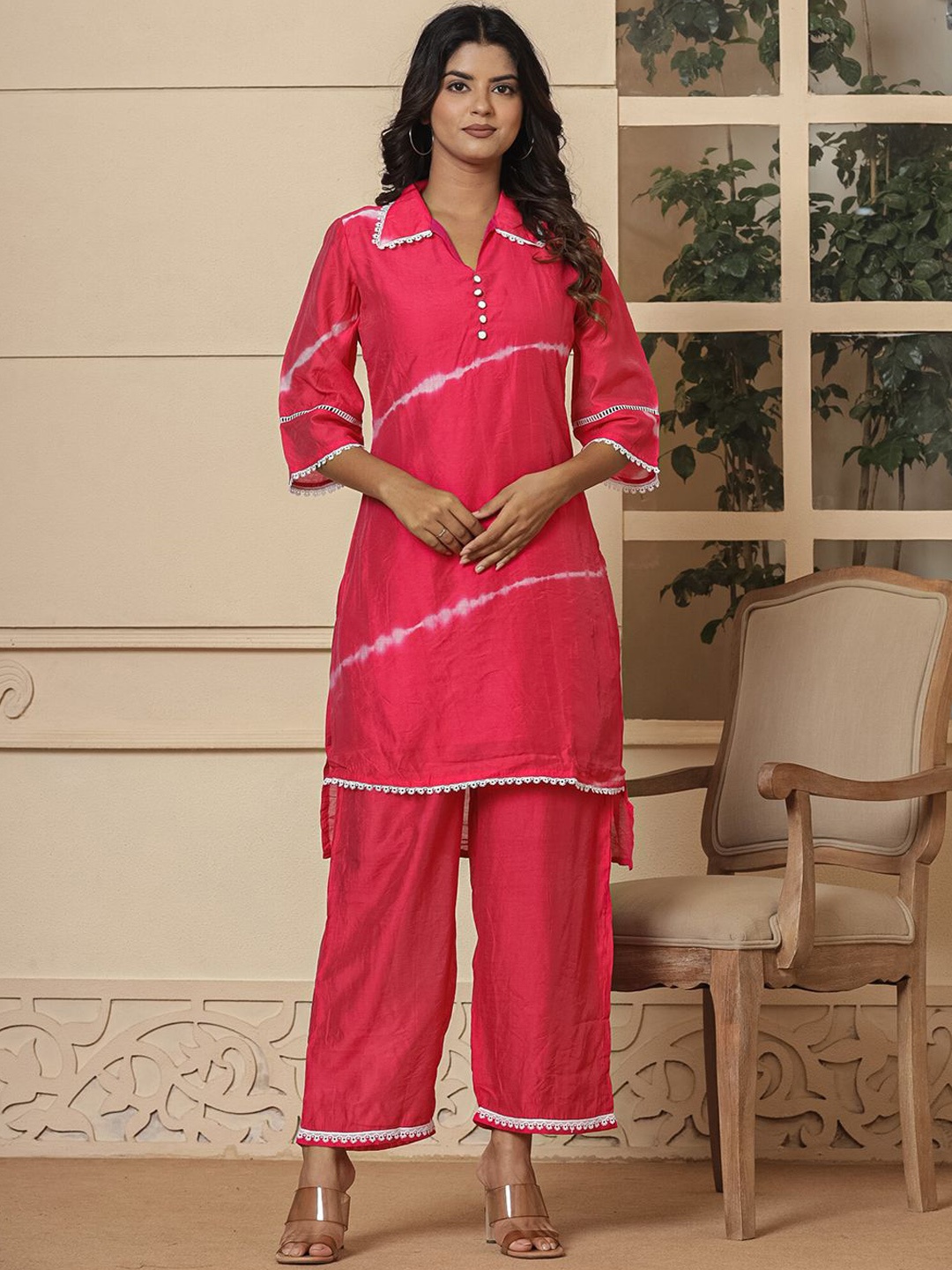 

Yufta Slik Notched Lapel Lolla Tunic with Flared Palazzos Co-Ords, Pink