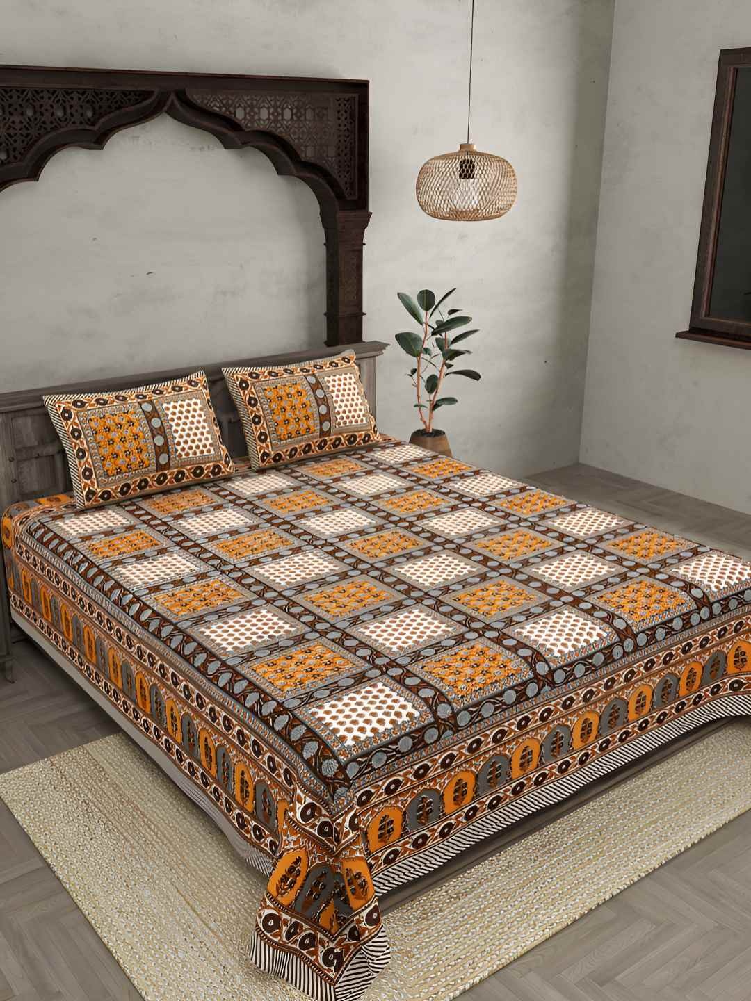 

BED-SHEET.COM Orange Pure Cotton Geometric 144 TC King Bedsheet with 2 Pillow Covers