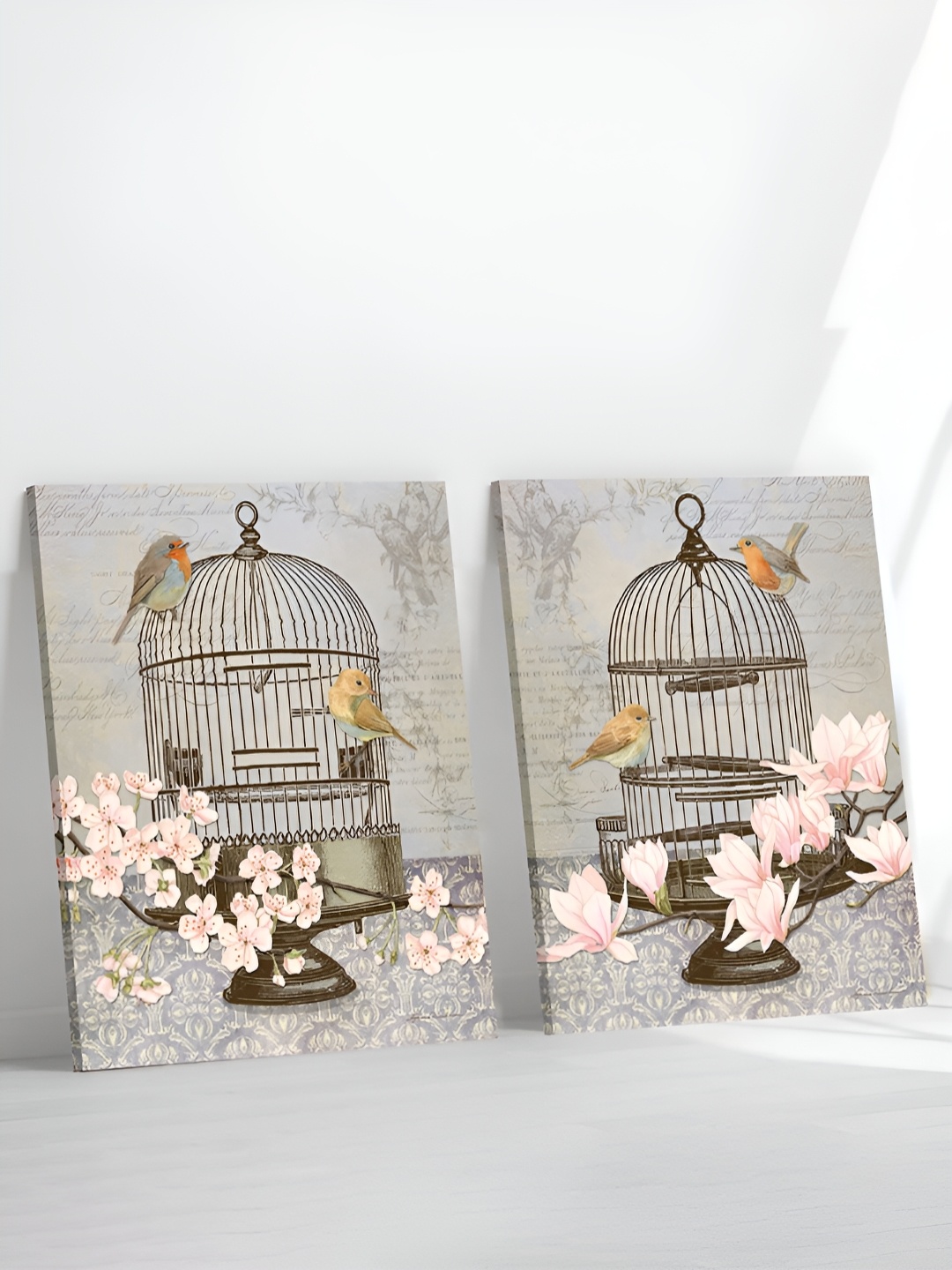 

Art Street Brown & Pink 2 Pieces Floral and Bird Theme Canvas Painting Wall Art