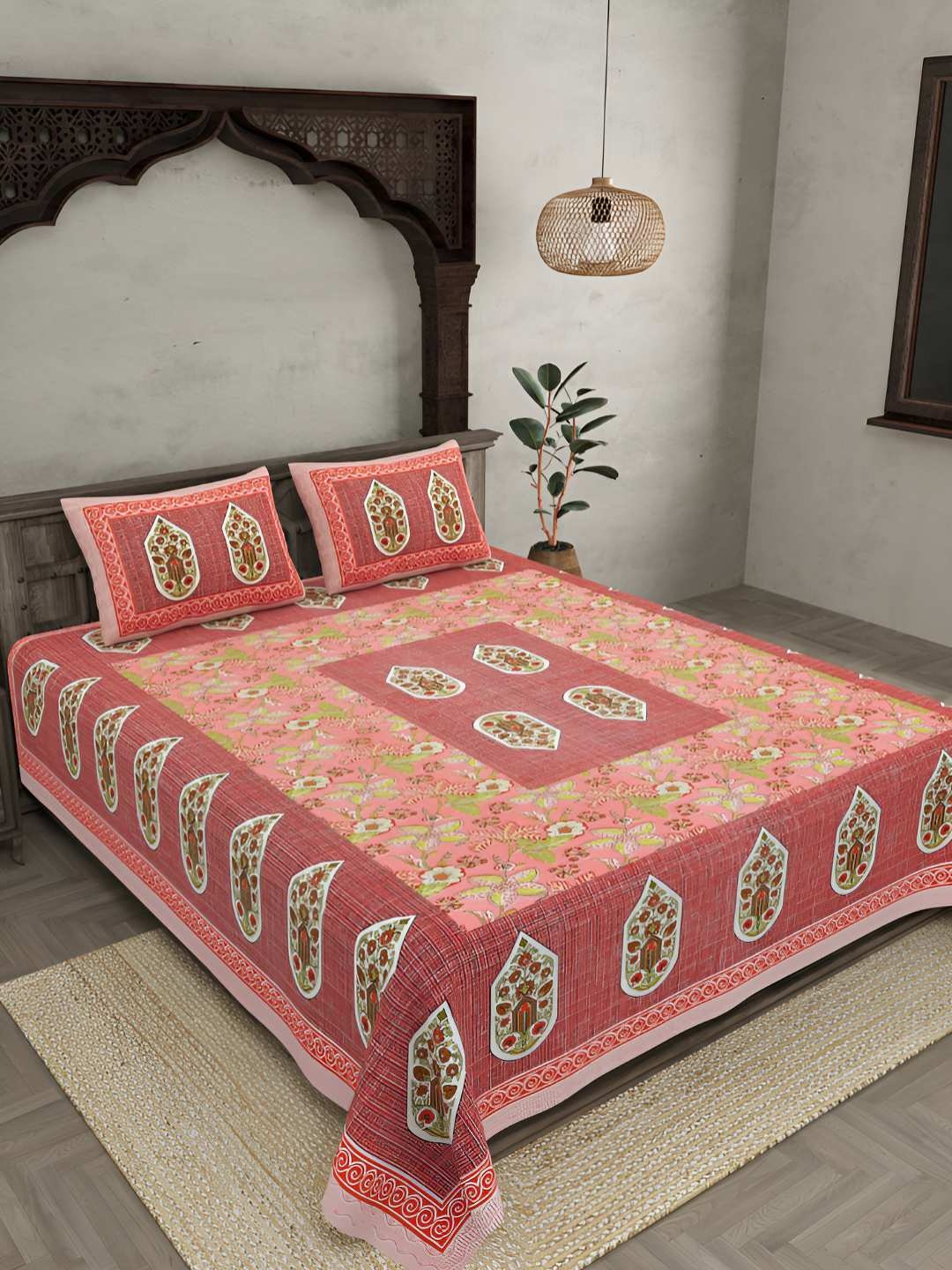 

BED-SHEET.COM Pink & White Pure Cotton Floral 144 TC King Bedsheet with 2 Pillow Covers