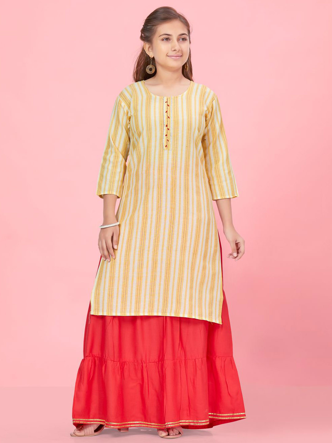 

BAESD Girls Striped Gotta Patti Cotton A-Line Kurta, Peach