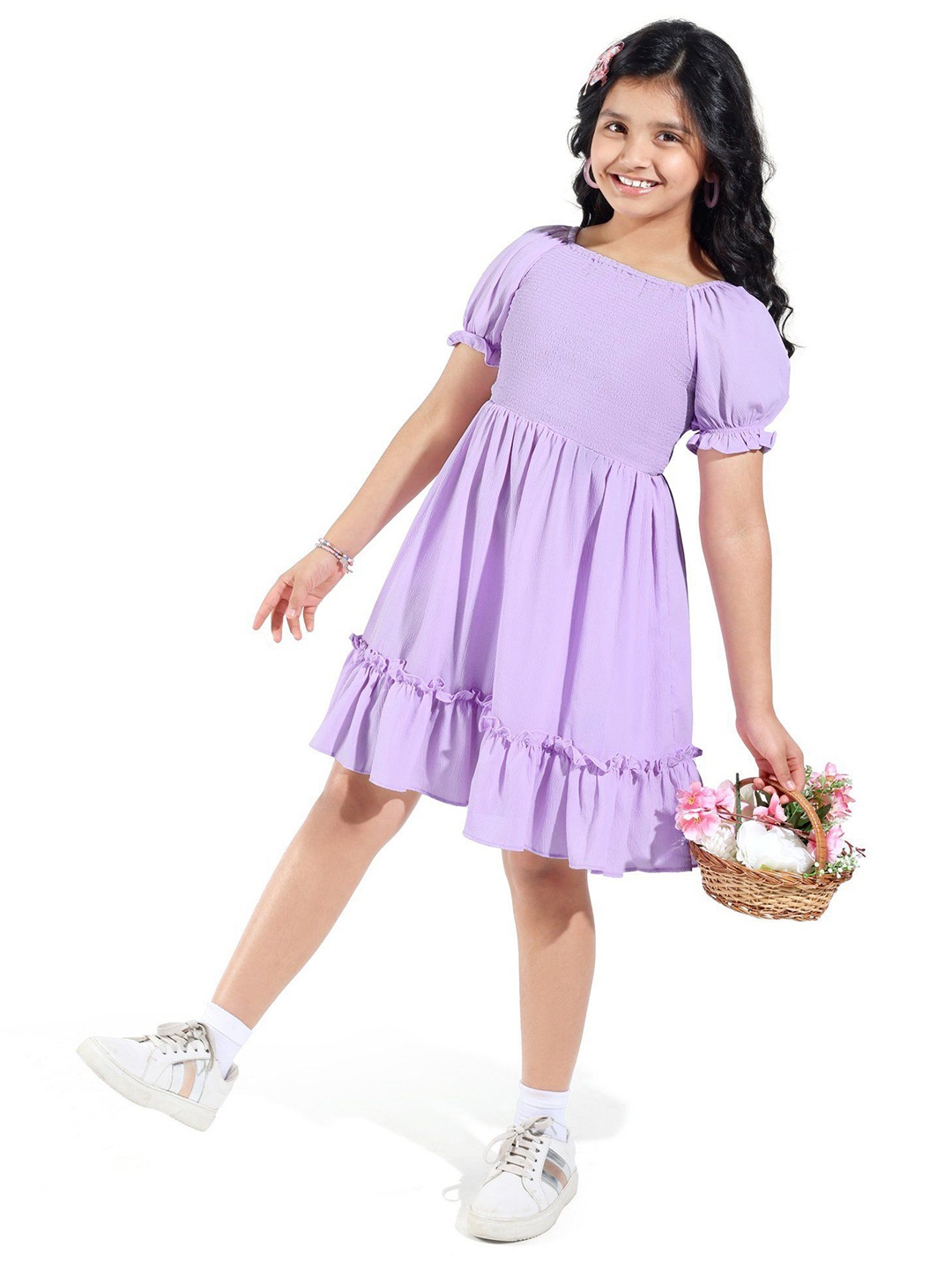 

Hola Bonita Girls Textured Puff Sleeve Fit & Flare Dress, Lavender