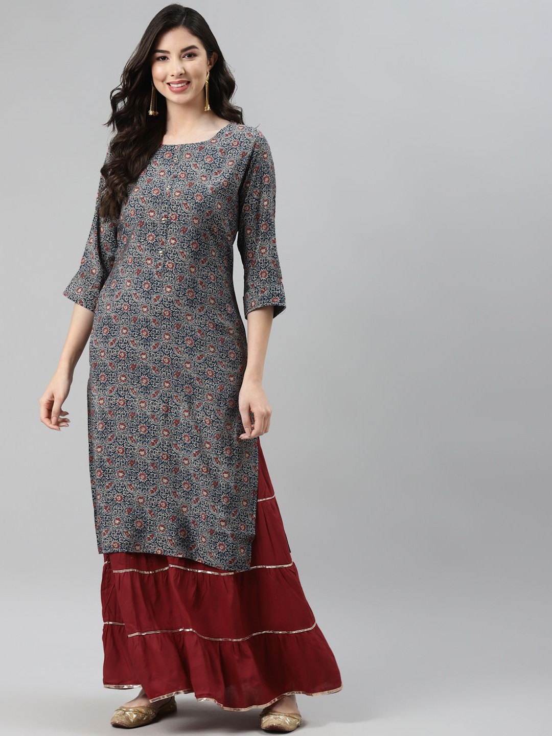 

BAESD Floral Printed Round Neck Pure Cotton Straight Kurta, Navy blue