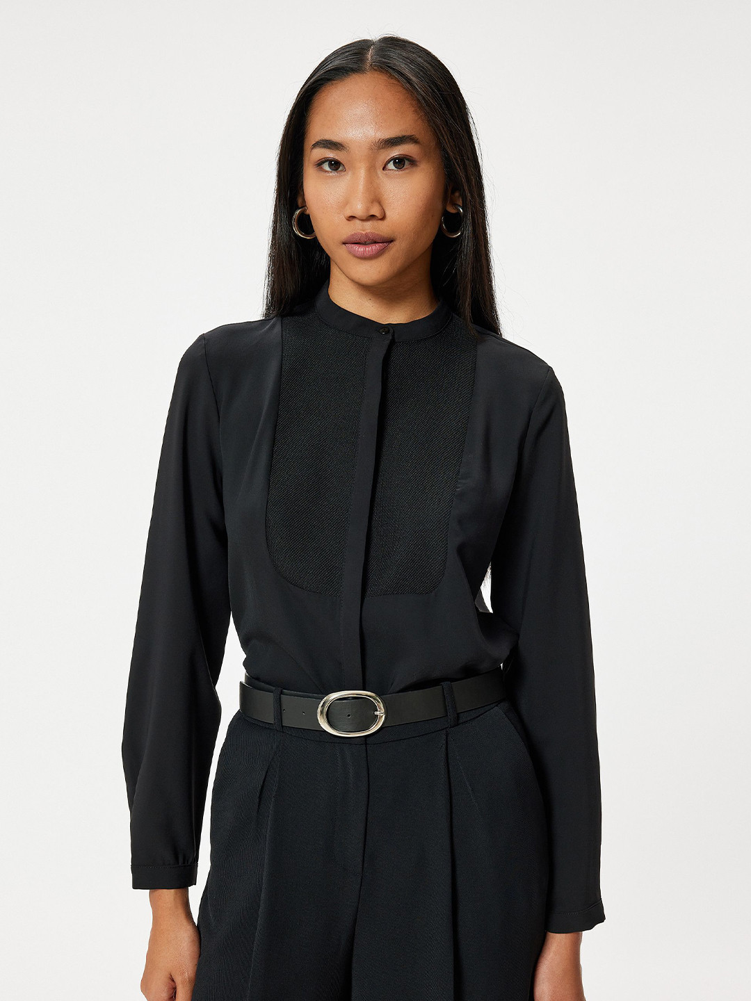 

Koton Women Collarless Solid Casual Shirt, Black