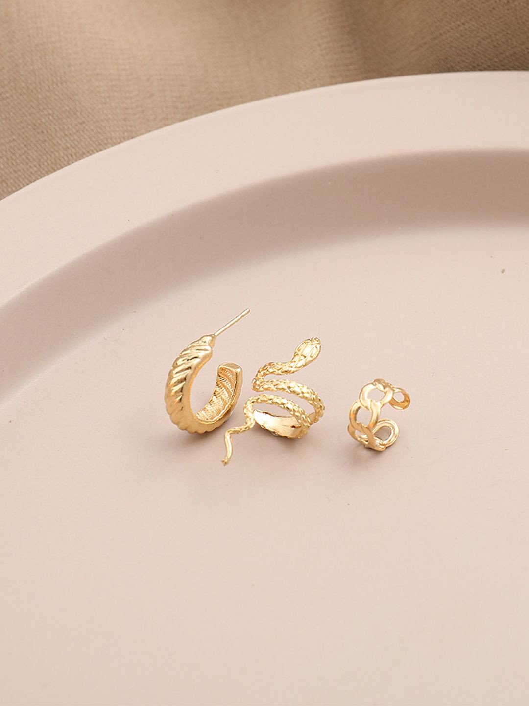 

VAGHBHATT Set of 3 Gold-Plated Snake Shaped Studs & Ear Cuff Earrings