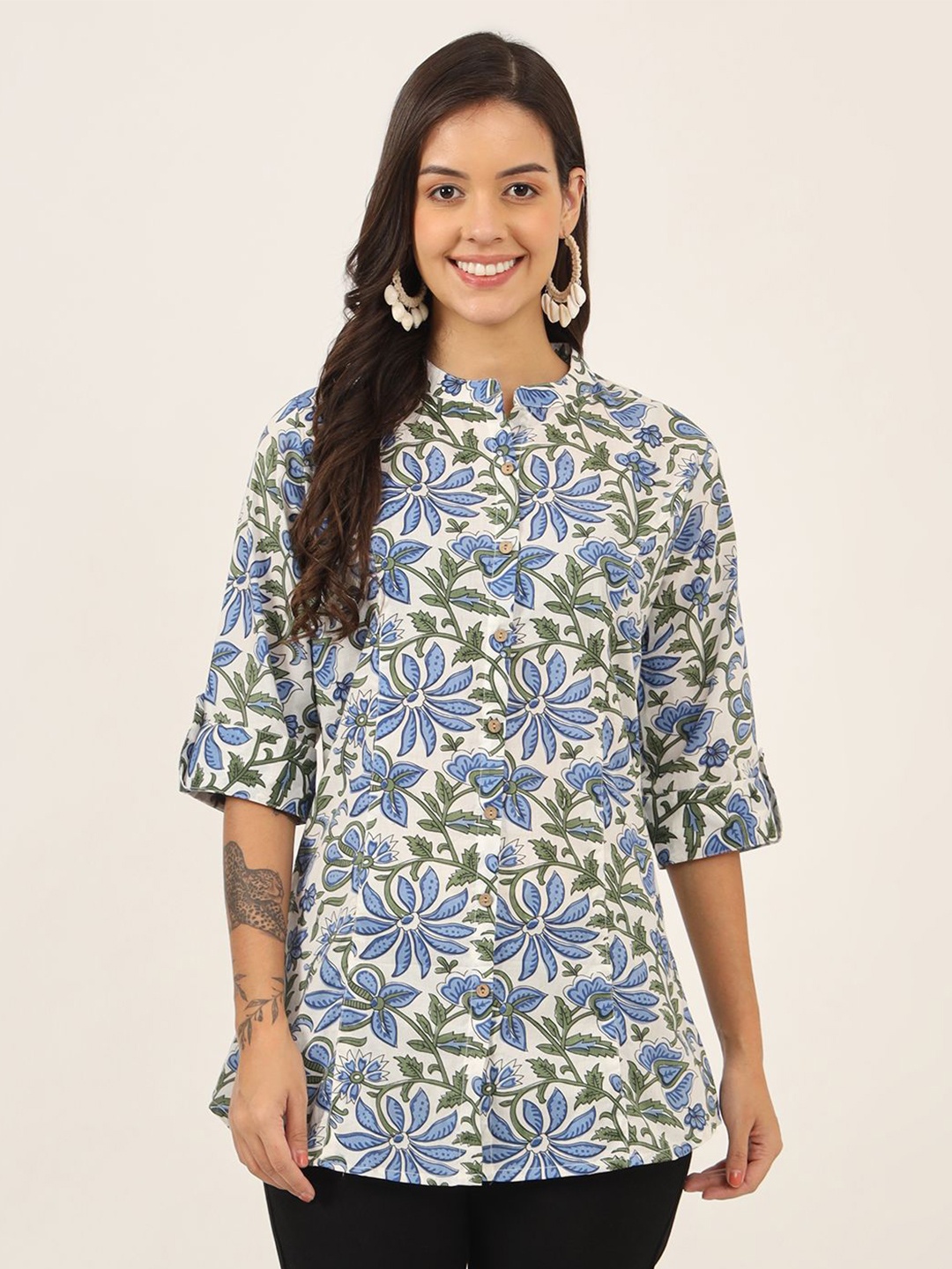 

KALINI Women Floral Printed Mandarin Collar Cotton Top, White