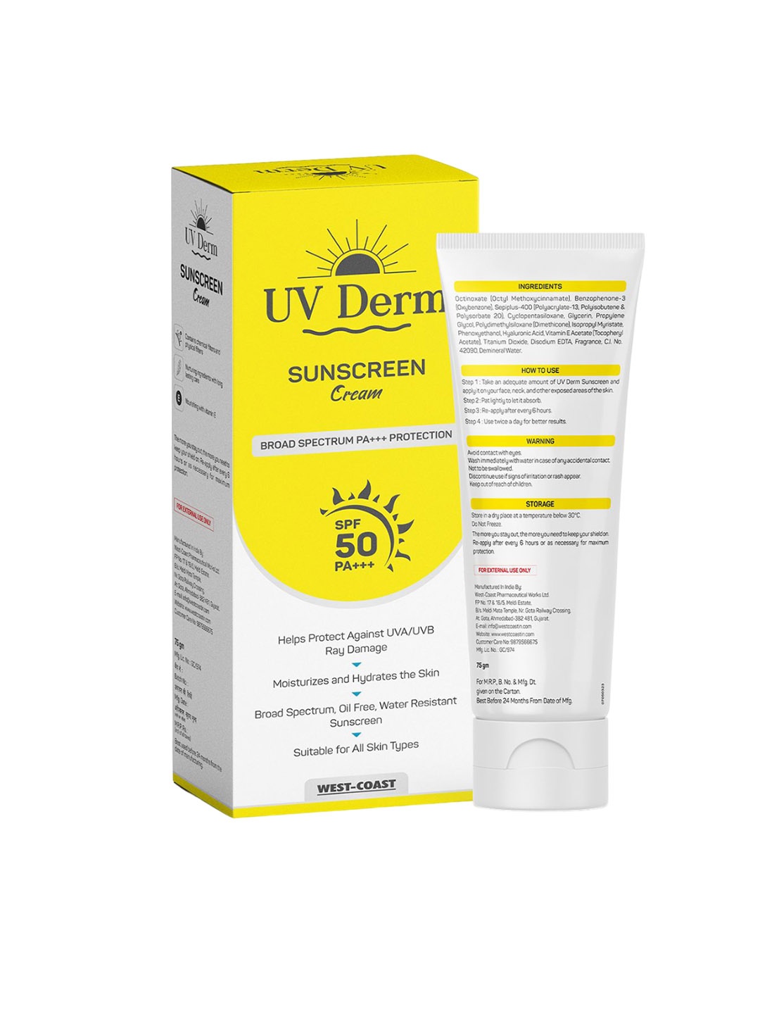 

WestCoast UV Derm SPF 50 PA+++ Sunscreen Cream - 75g, White
