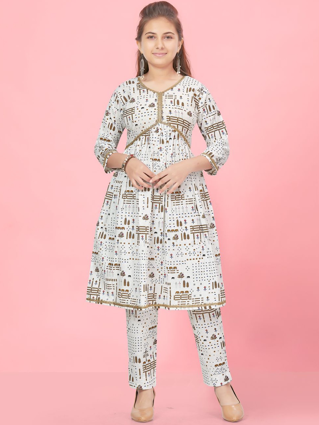 

BAESD Girls Ethnic Motifs Printed Zari Pure Cotton Angrakha Anarkali Kurta With Trouser, Cream