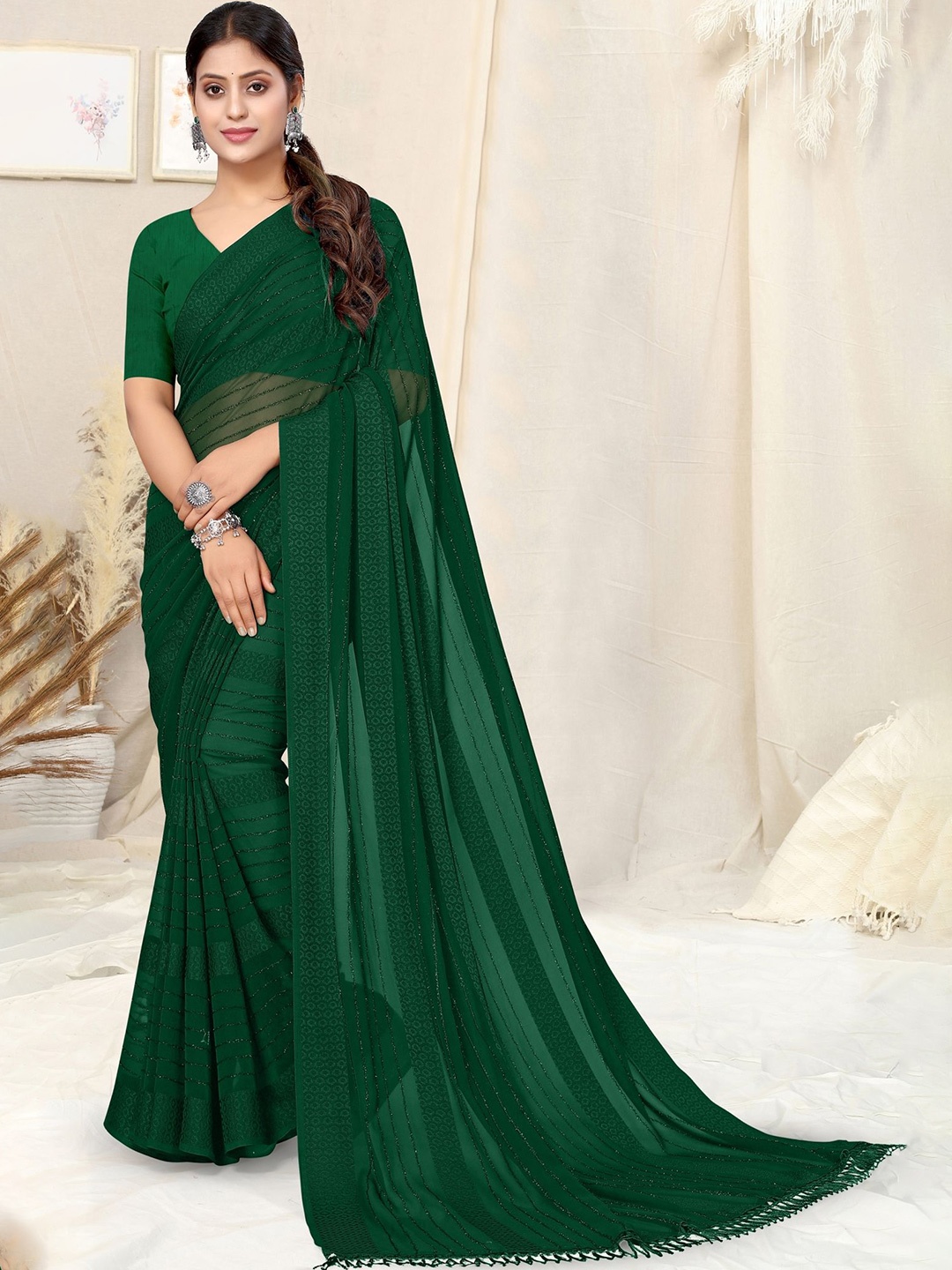 

MIRCHI FASHION Embellished Striped Ready to Wear Saree, Green