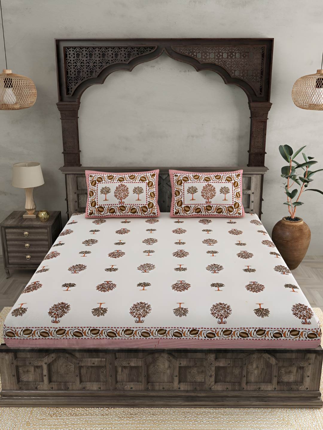 

BED-SHEET.COM Pink & White Pure Cotton Floral 144 TC King Bedsheet with 2 Pillow Covers