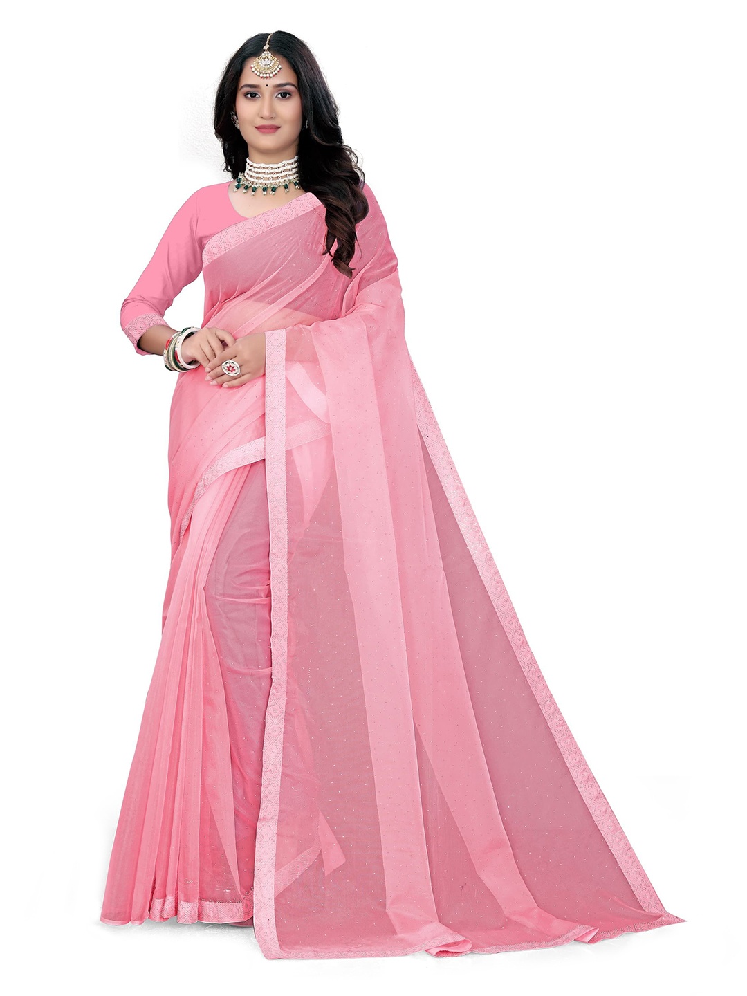 

Pemal Designer Embellished Beads and Stones Organza Saree, Pink