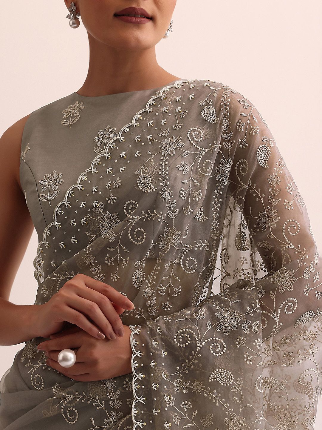 

KALKI Fashion Embroidered Floral Organza Saree, Grey