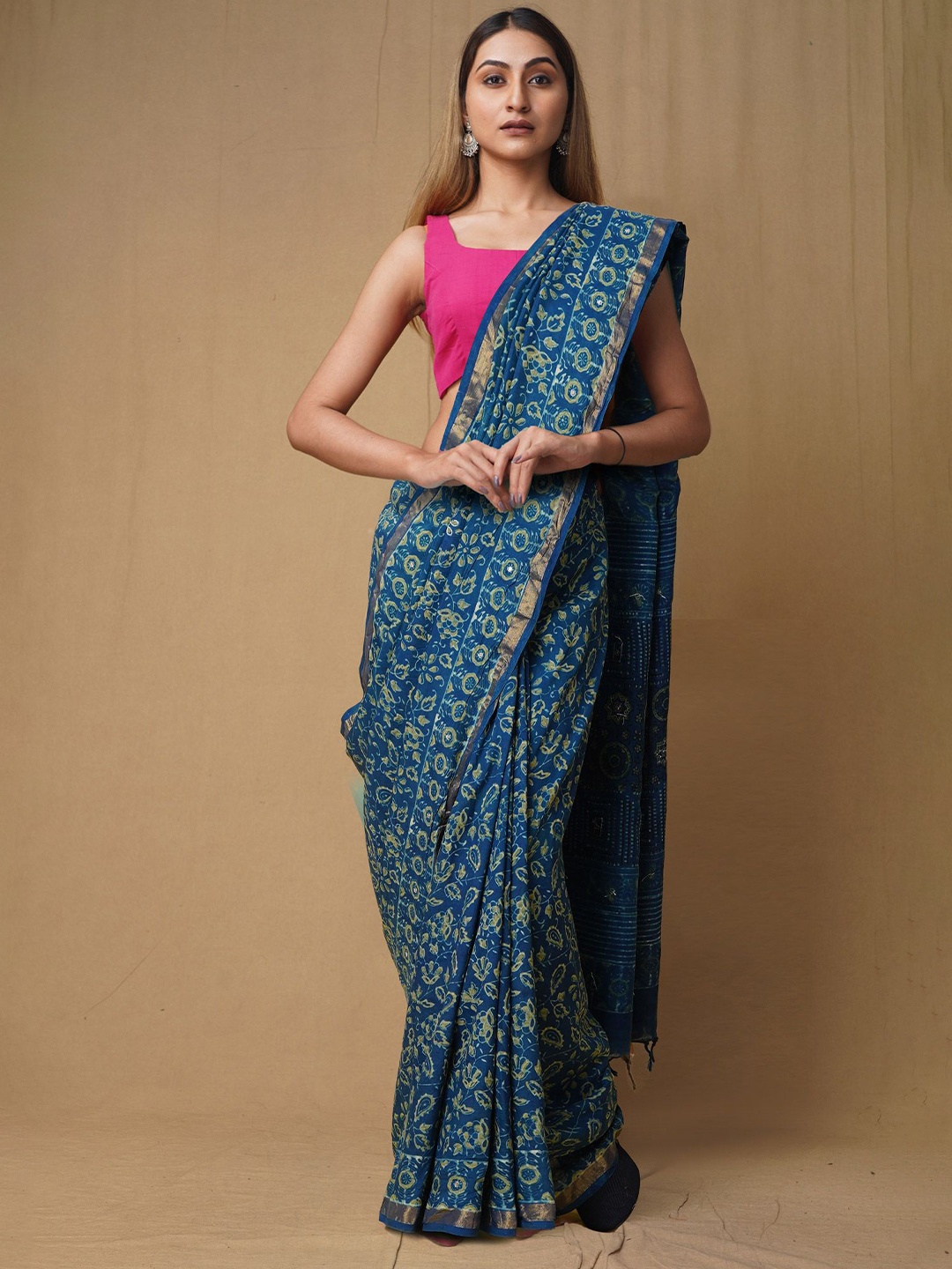 

Unnati Silks Printed Ajrak Block Zari Art Silk Handloom Chanderi Saree, Blue