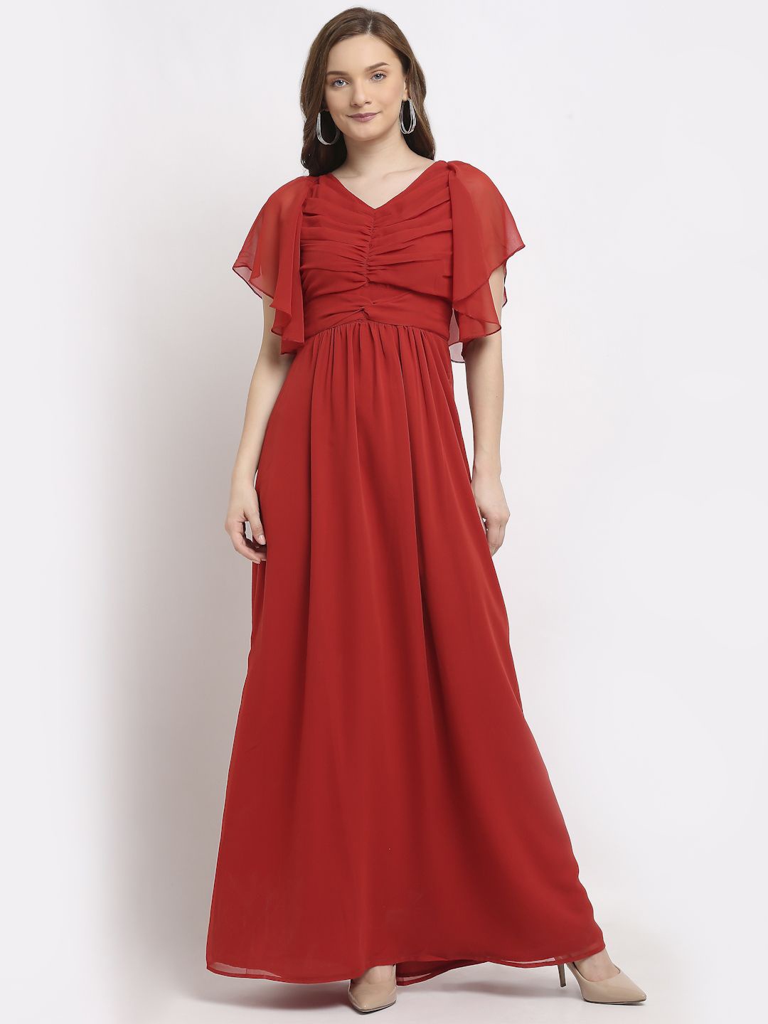 

La Zoire Flutter Sleeve Georgette Fit and Flare Maxi Dress, Rust