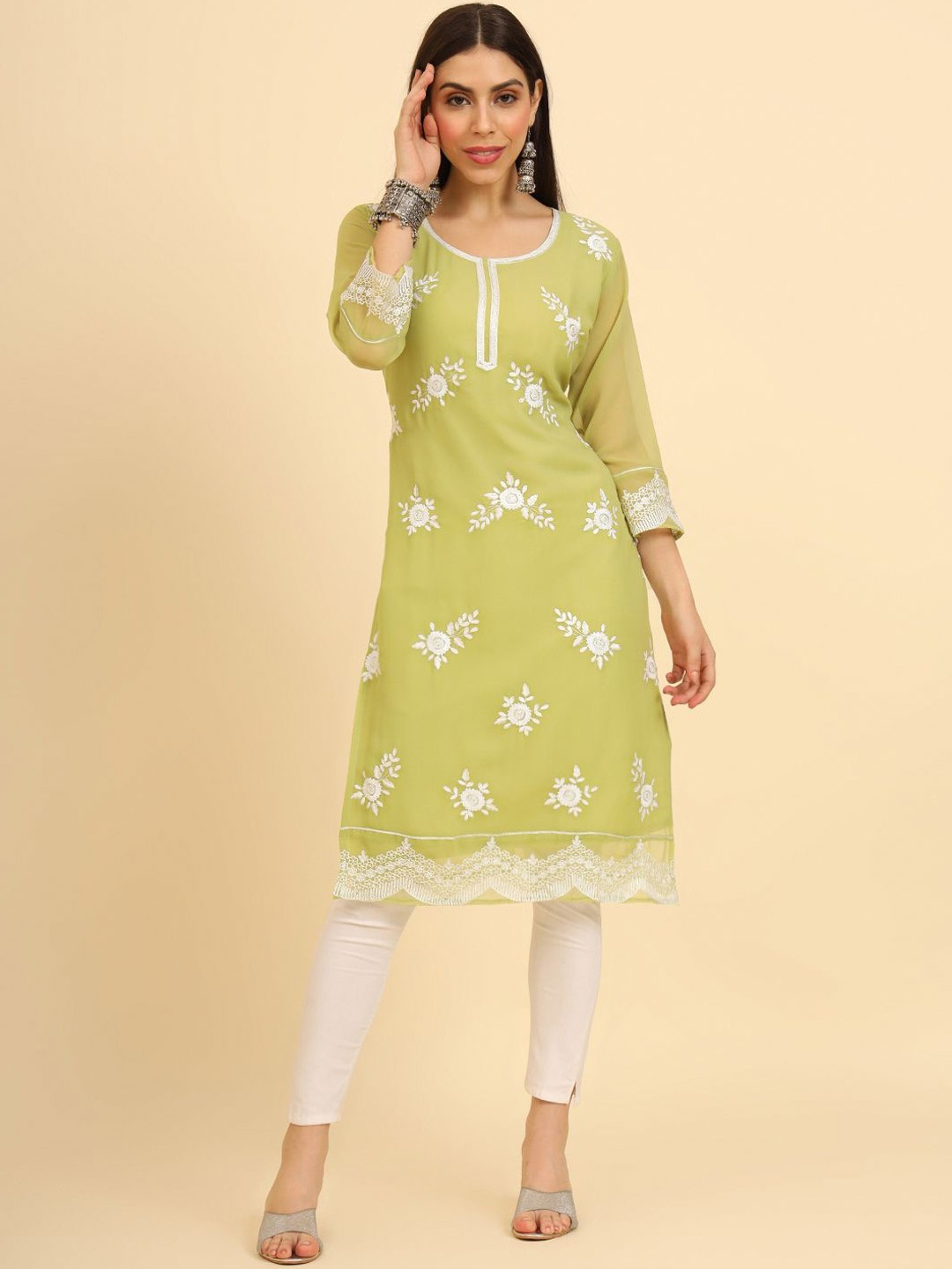 

VAIRAGEE Women Ethnic Motifs Printed Thread Work Georgette Anarkali Kurta, Olive