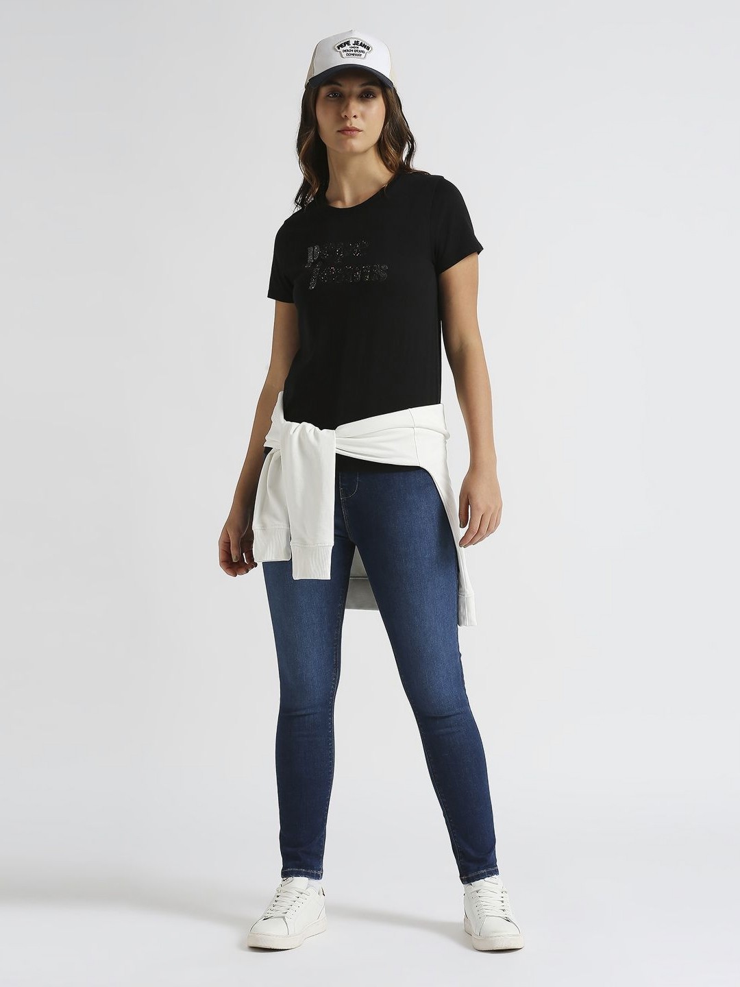 

Pepe Jeans Women Typography Printed Round Neck Pure Cotton T-shirt, Black