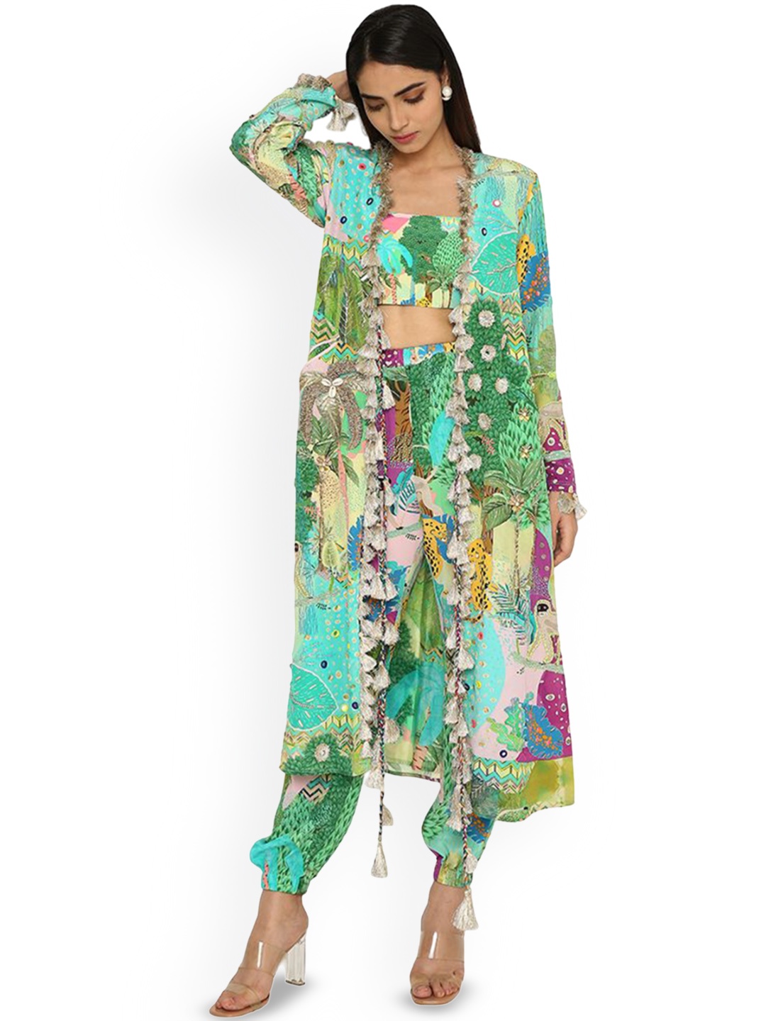

Payal Singhal Insha Kuno Print & Embroidered Jacket With Bustier & Joggers Co-Ords, Green