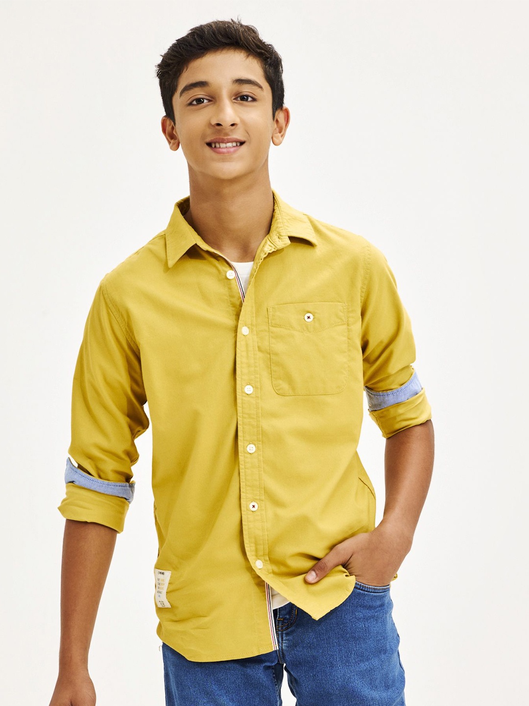 

NO MONDAYS Boys Relaxed Spread Collar Solid Cotton Casual Shirt, Mustard